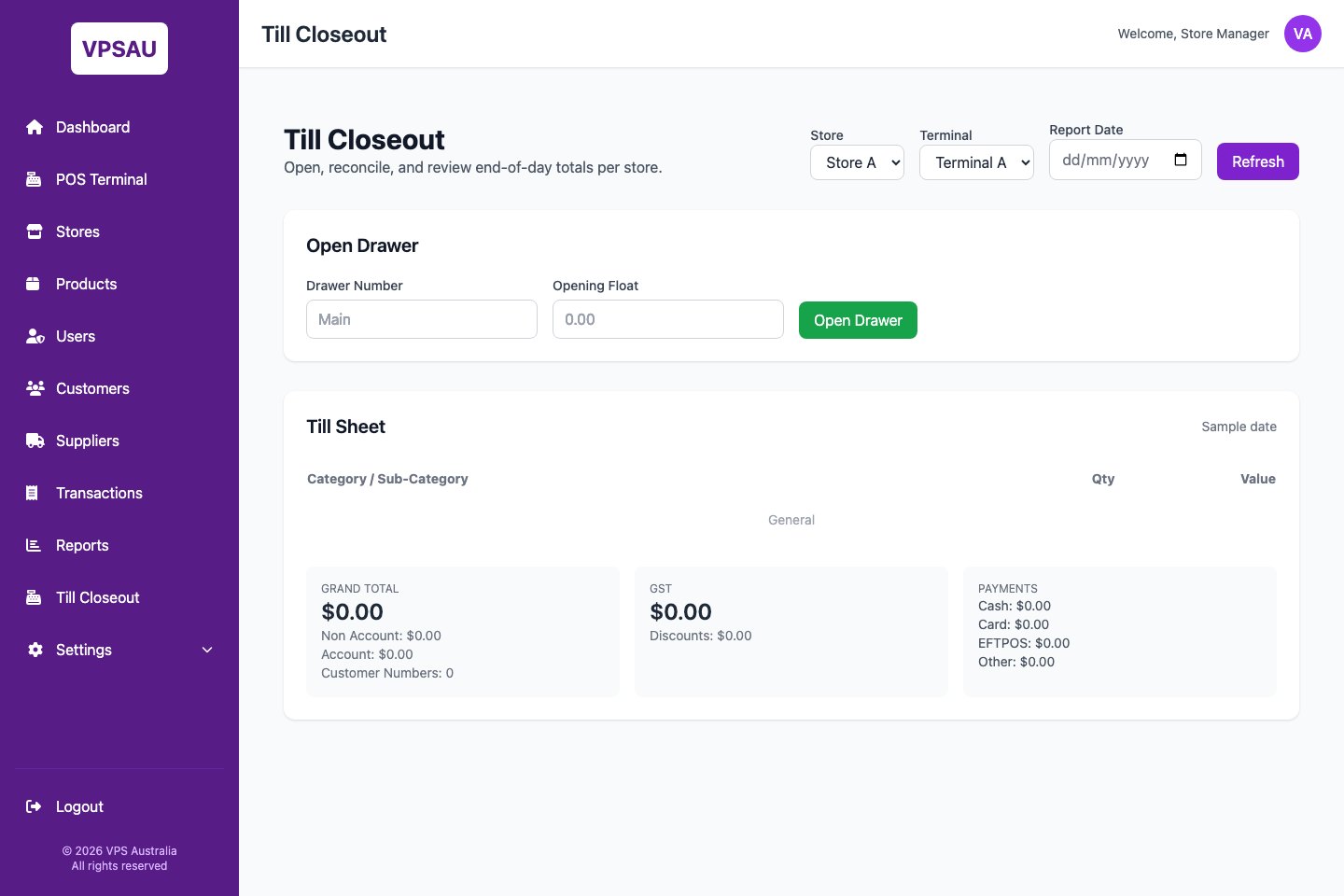 RetailGrid till closeout admin screen