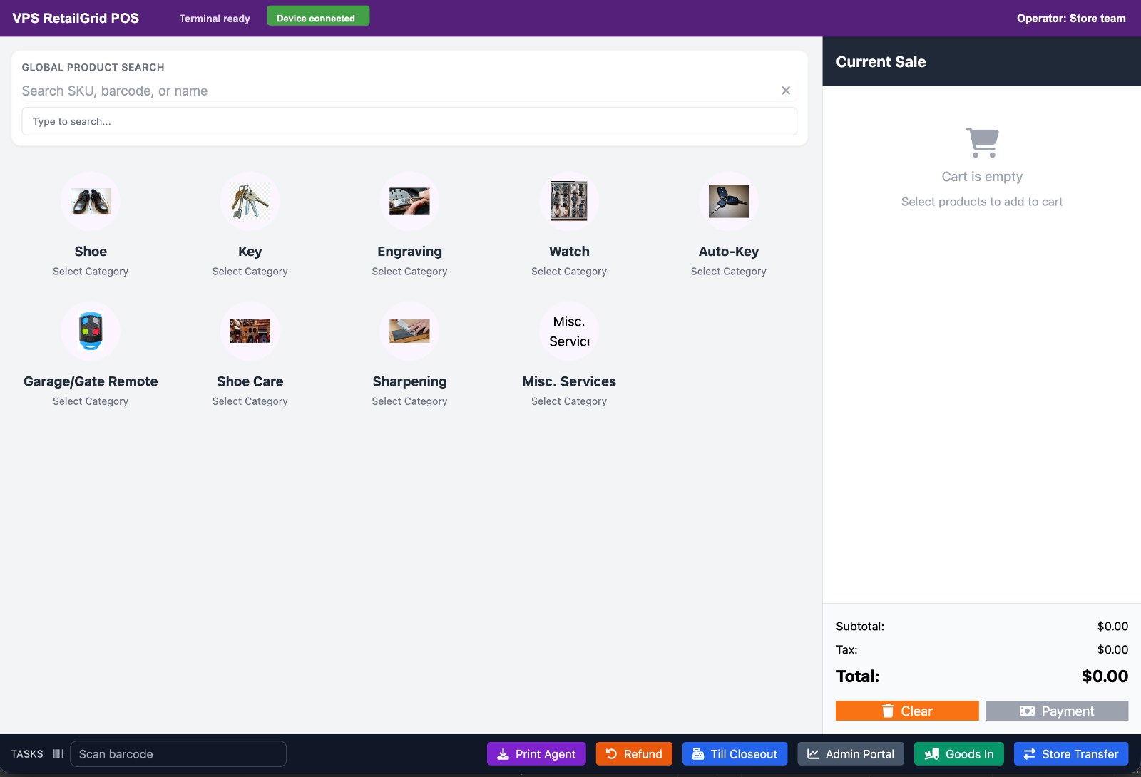 RetailGrid POS terminal showing category browsing and an empty cart