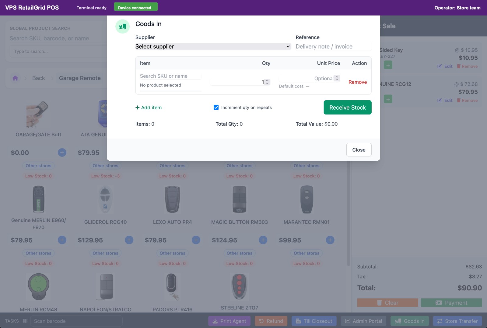 RetailGrid goods-in modal for receiving stock