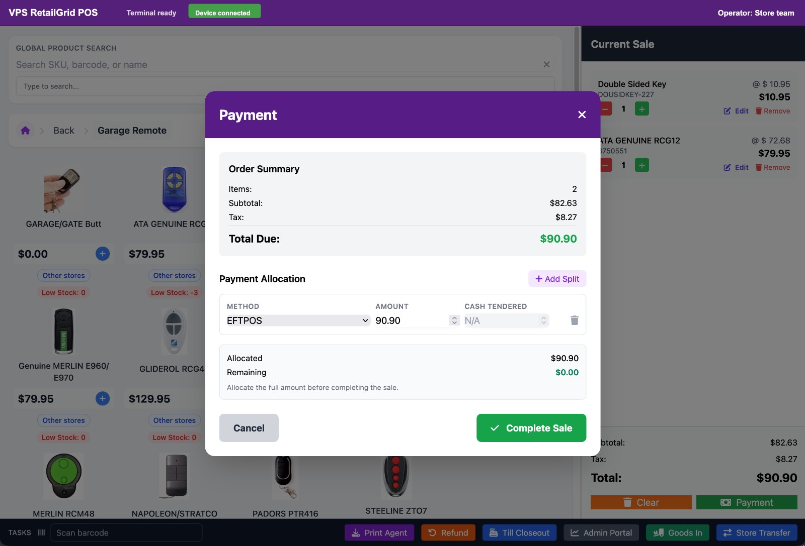 RetailGrid payment modal showing order summary and payment allocation